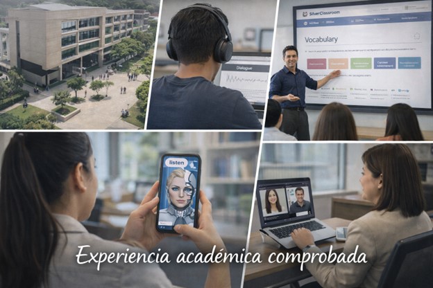 Collage de experiencias académicas: campus, clases, aprendizaje digital y videollamadas
