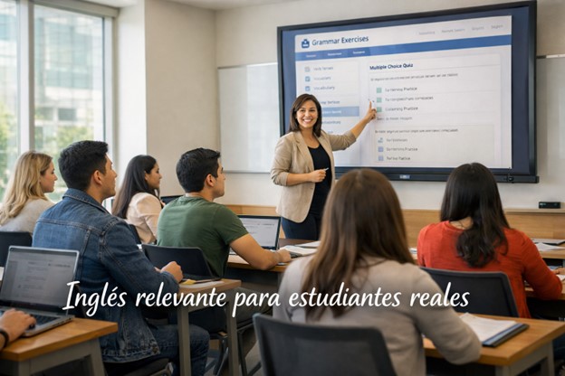 Estudiantes universitarios y docente usando una plataforma de inglés en un aula moderna