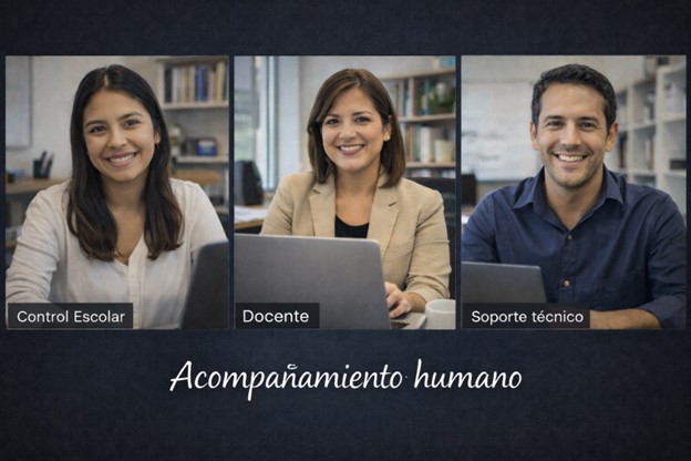 Equipo de acompañamiento académico y técnico brindando soporte a una institución