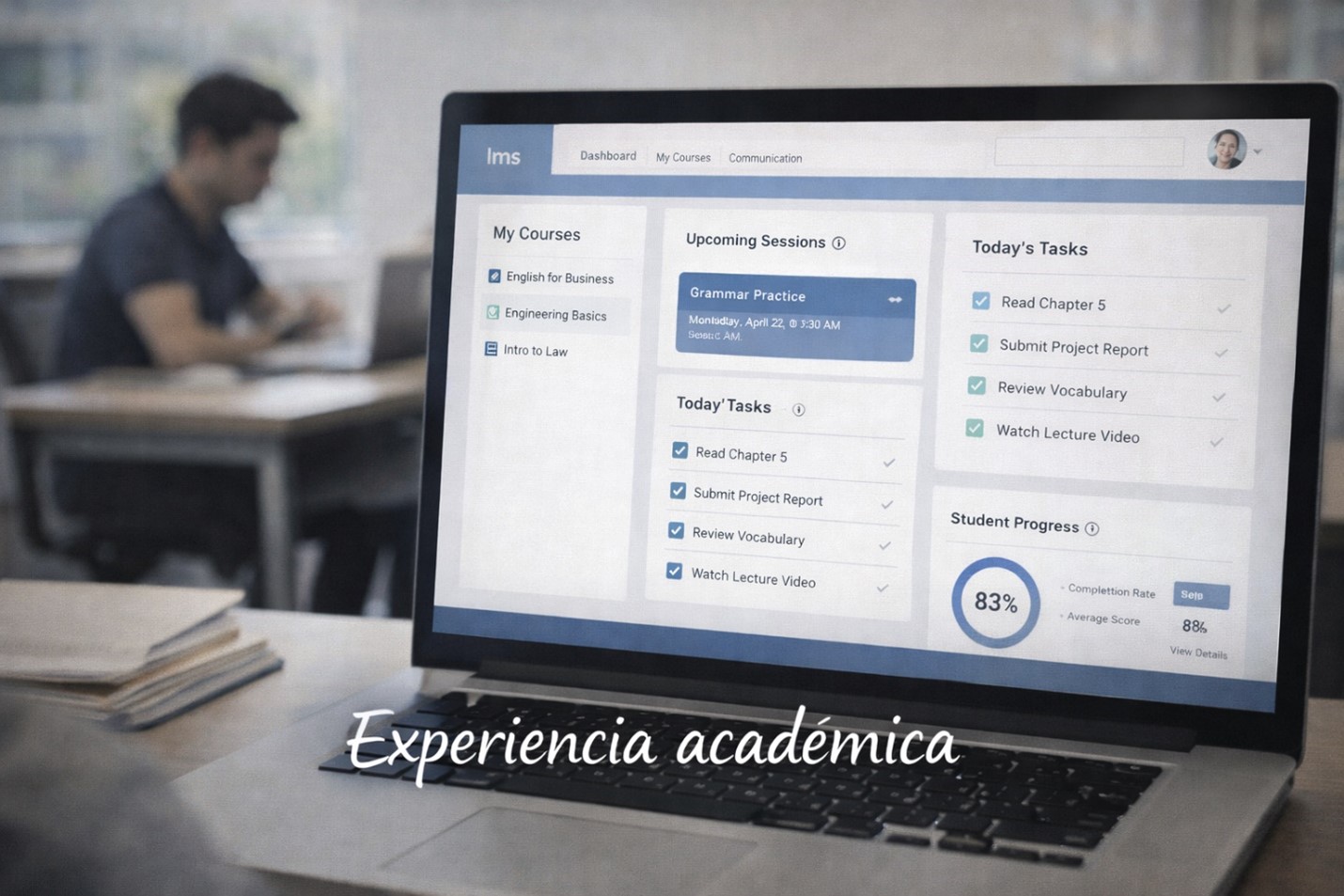 Escena académica moderna con enfoque en innovación y plataforma educativa